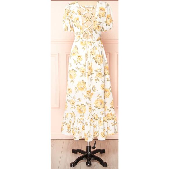 Cottagecore Milkmaid Lace-Up Corset Back Midi Dress Yellow Floral Puff Sleeve S - Picture 4 of 7